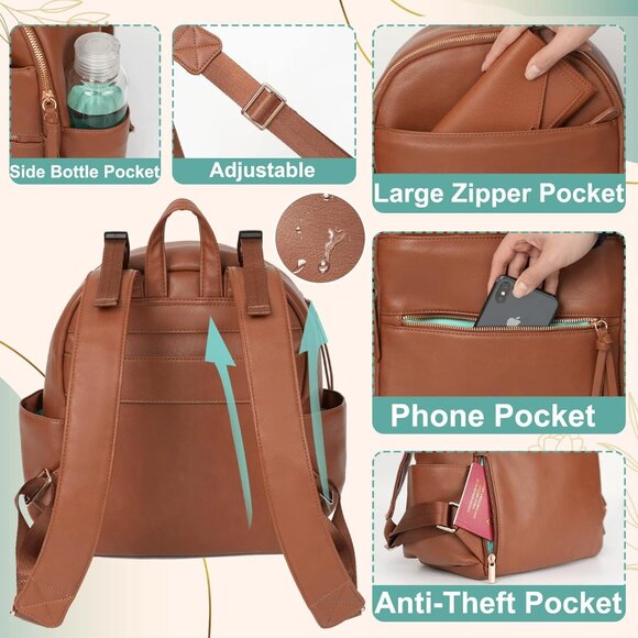 NWT! Midsize Brown Faux Leather Backpack Baby Bag Tote w/Luggage Strap & Tassels main image 10